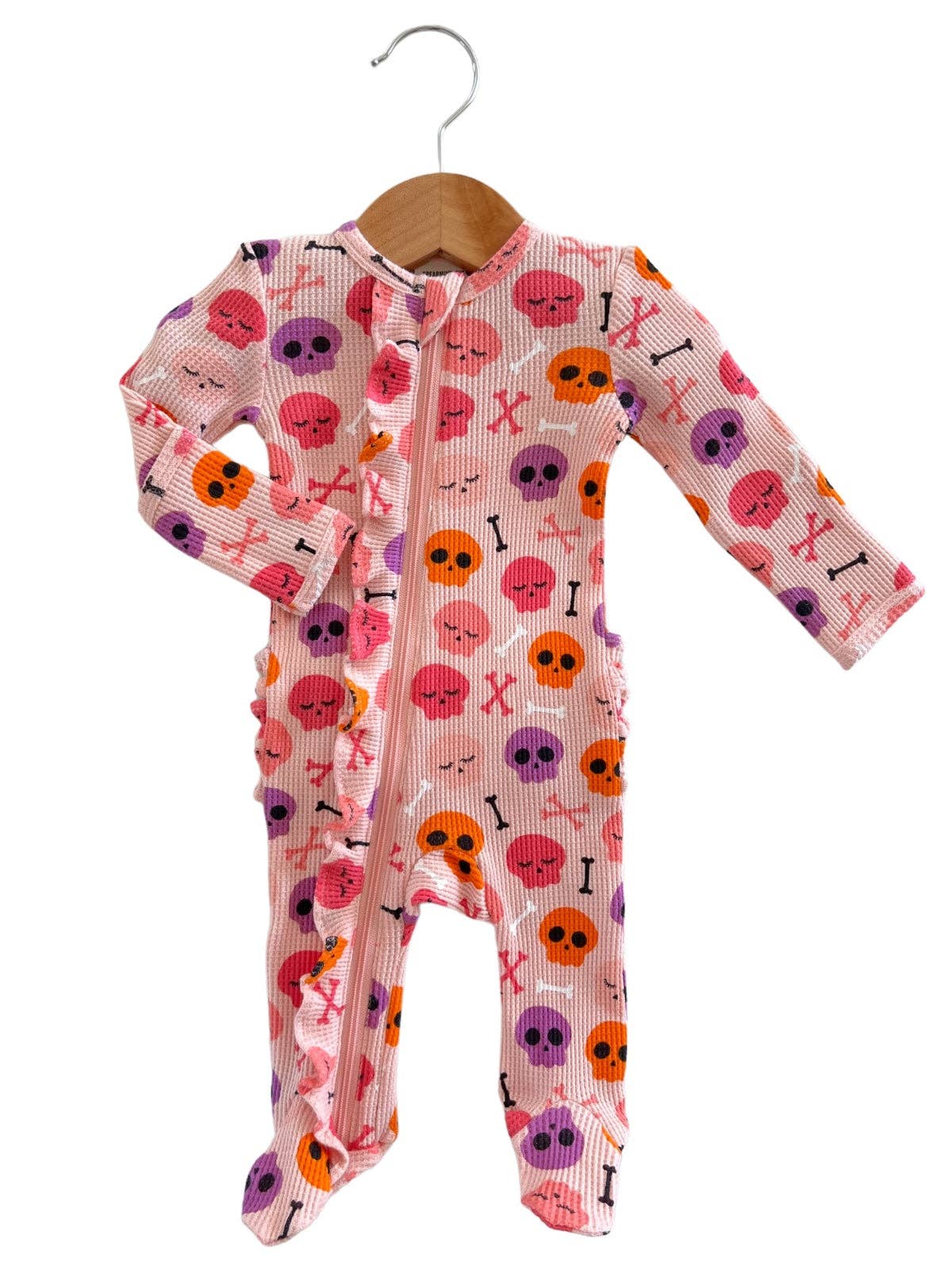 Organic Waffle Ruffle Zip Footie, Candy Skulls Pink