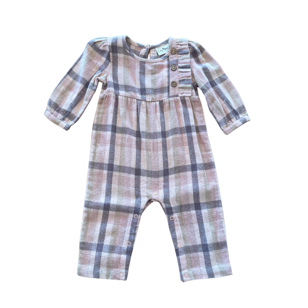 Flannel Plaid Side Button Long Romper