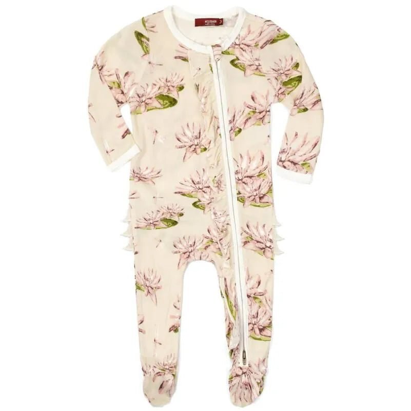 Bamboo Ruffle Zipper Footed Romper Water Lily - Wren Harper