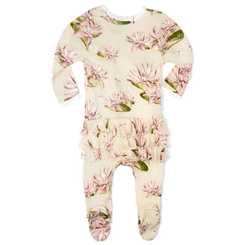 Bamboo Ruffle Zipper Footed Romper Water Lily - Wren Harper